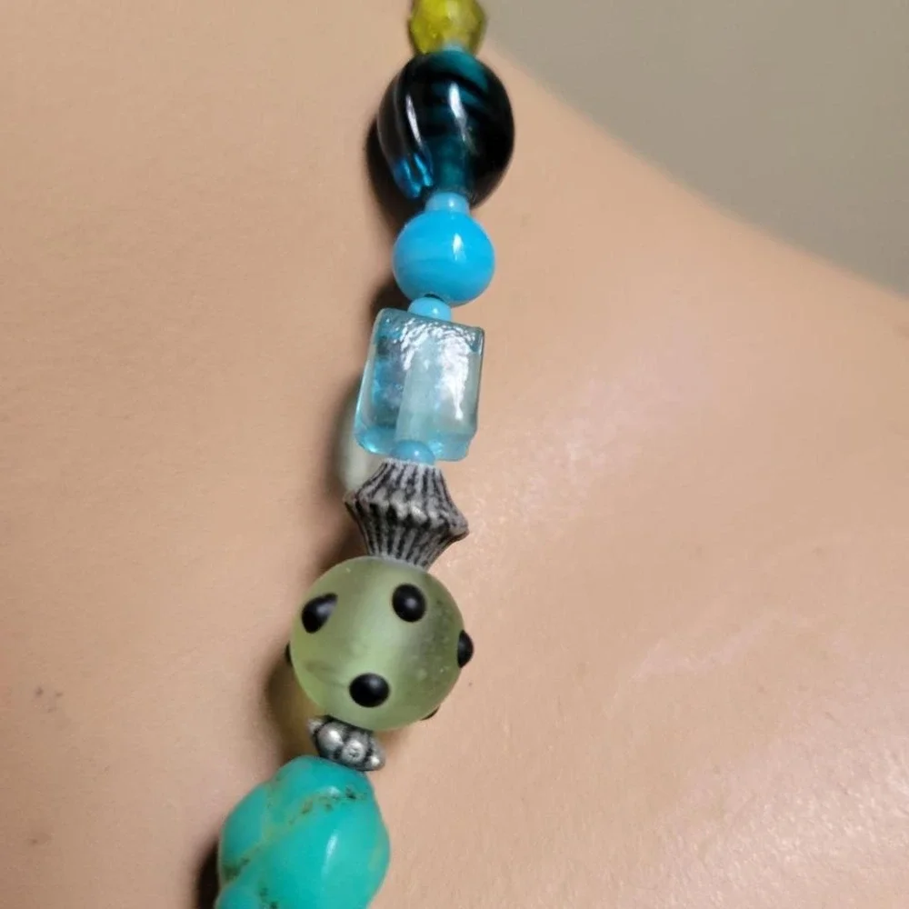 vintage mixed glass resin bead necklace turquoise green silver tone eclectic y2k